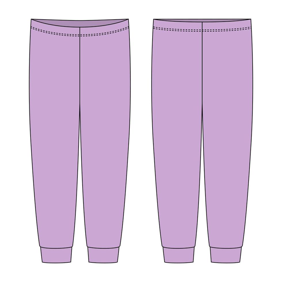 Children's pajamas pants technical sketch. Purple color. Kids home wear trousers design template isolated. vector