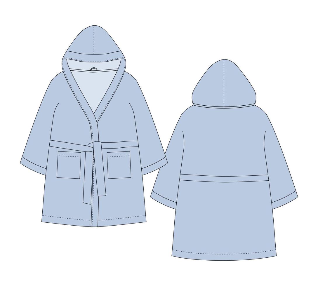 Bathrobe technical sketch. Hooded bathrobe with pocket and belt. Light blue color. Flat garment apparel template. vector