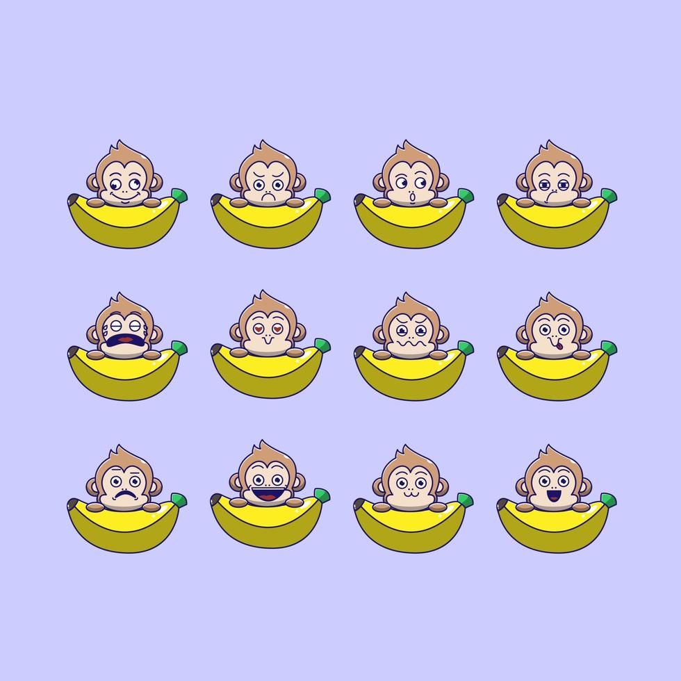 cute monkey banana emoticon vector