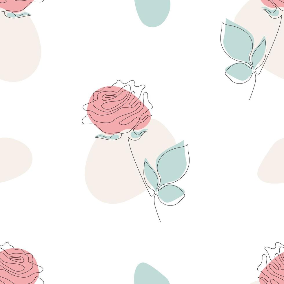 Floral seamless pattern. Beautiful line rose with abstract spots on white background. Vector illustration. Botanical drawing line art for decor, design, print, packaging, wallpaper and textile