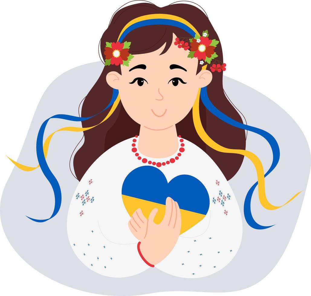 Ukrainian girl in traditional clothes and with floral wreath with ribbons. In hands of yellow-blue heart. color of Ukrainian flag. Vector illustration