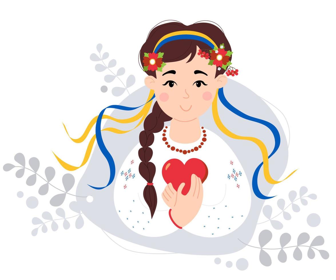 Cute Ukrainian girl with long braid, in traditional embroidered clothes and flower wreath with yellow and blue ribbons. Color of Ukrainian flag. In hands of red heart. Vector illustration