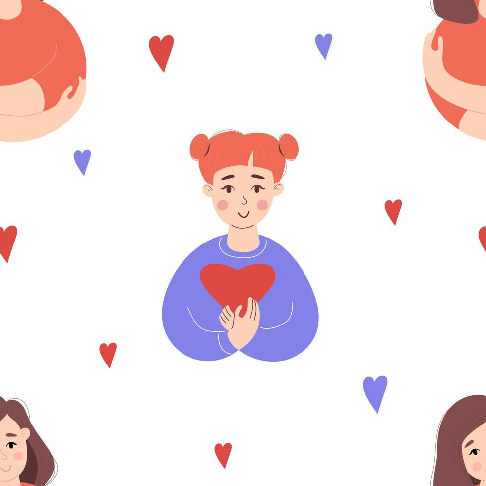 Seamless pattern with cute redheaded girl and hearts vector