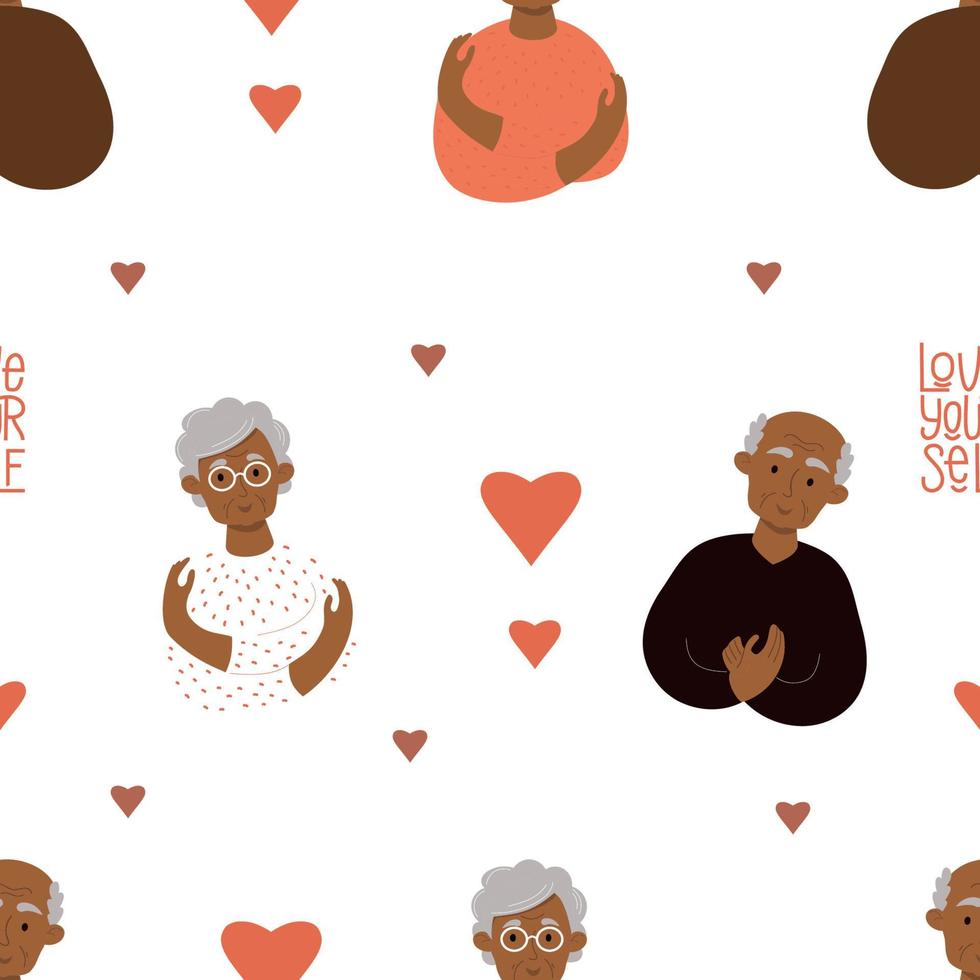 Seamless pattern with dark-skinned elderly couple happy old people. Ethnic old woman and bald old man . Vector illustration. Love yourself, find time to care