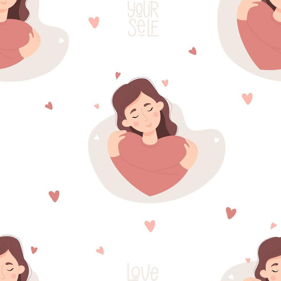 Seamless pattern with beautiful girl in love with long hair hugging herself on background with hearts. Vector illustration. Love yourself and find time for yourself and care for decor, wallpaper
