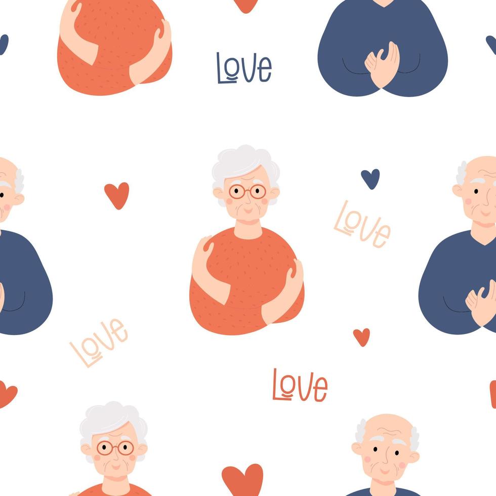 patrón sin costuras con pareja de ancianos felices ancianos. linda anciana pensionista y anciano calvo en el fondo con corazones. ilustración vectorial ámate a ti mismo, encuentra tiempo para cuidar vector