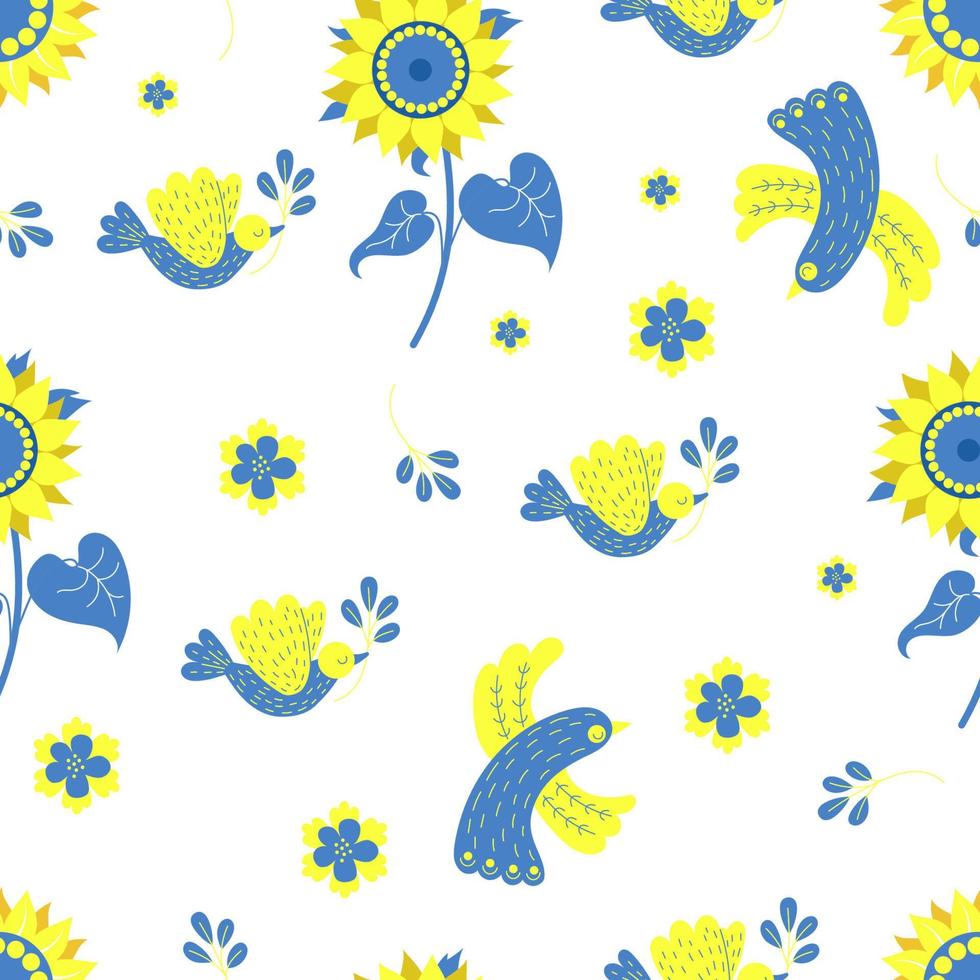 Ukrainian seamless pattern. Yellow-blue birds and sunflower on white background with flowers and dove of peace with branch in its beak. Vector illustration in colors of Ukrainian flag for decor,design