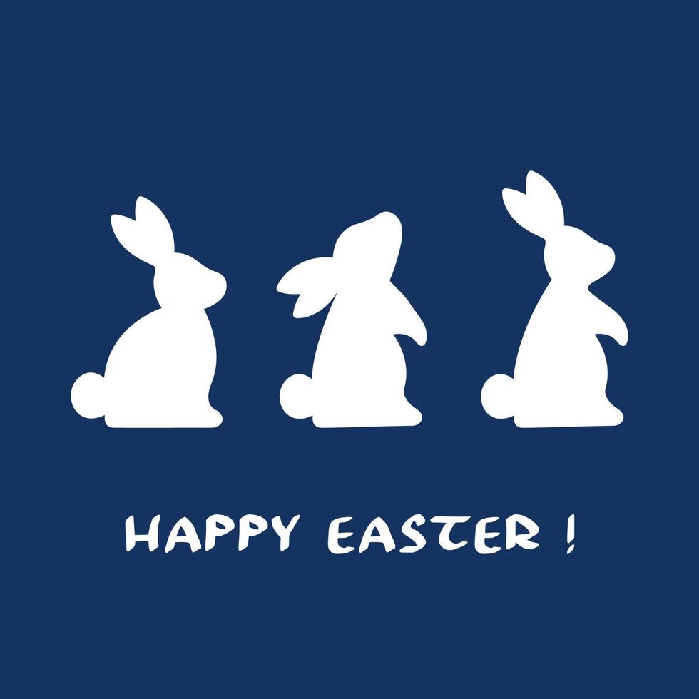 Happy Easter. Minimalism holiday card with bunnies silhouette on blue background. Vector illustration.