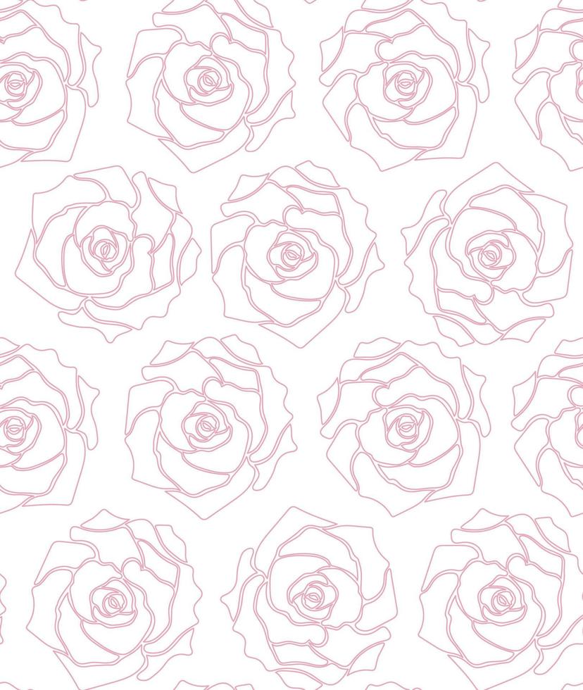 Pink roses seamless pattern. Pink outline on a white background. Hand-drawn monochrome vector illustration.