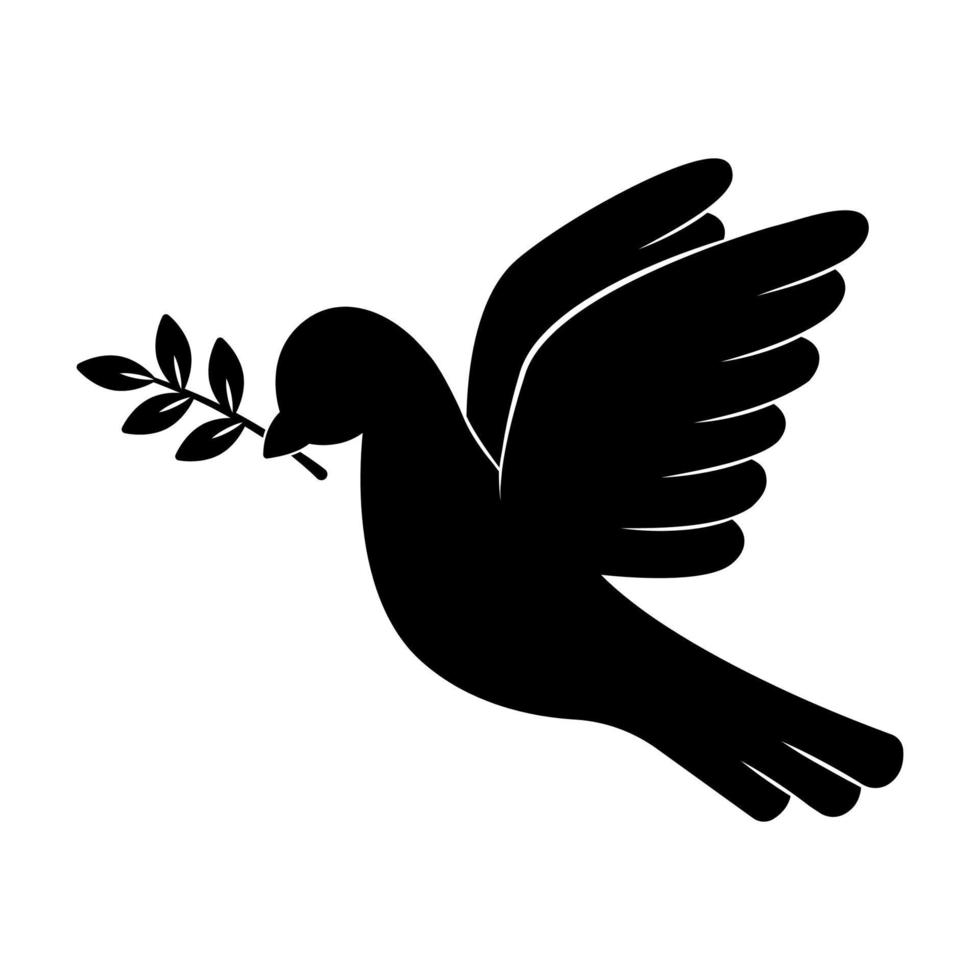 Flying dove of peace with olive branch. Black silhouette on white background. Peace concept. Isolated vector illustration.