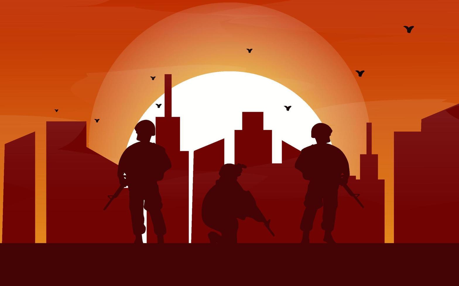 silueta plana del ejército en la ilustración de la ciudad al atardecer vector