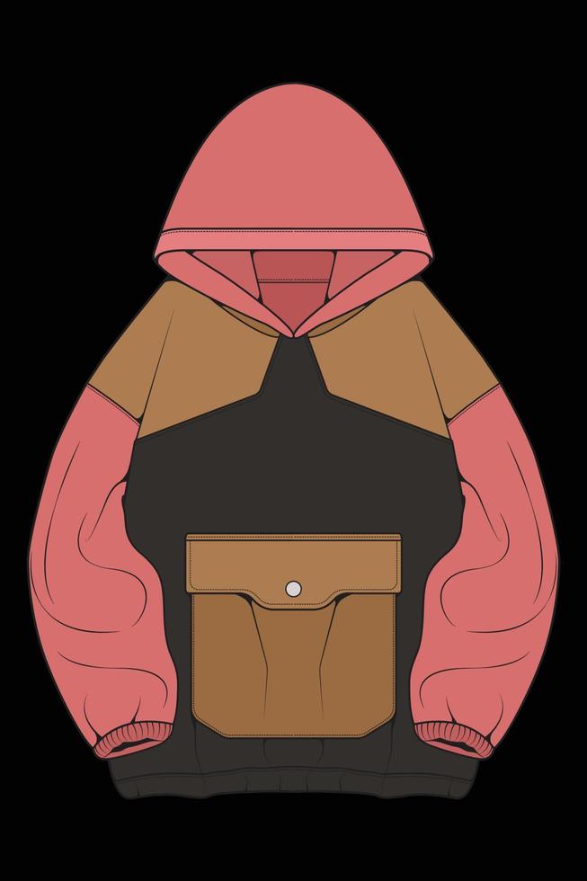 chaqueta con capucha de gran tamaño para colorear vector de dibujo, chaqueta con capucha de gran tamaño, chaqueta con capucha de plantilla de entrenadores, ilustración vectorial.