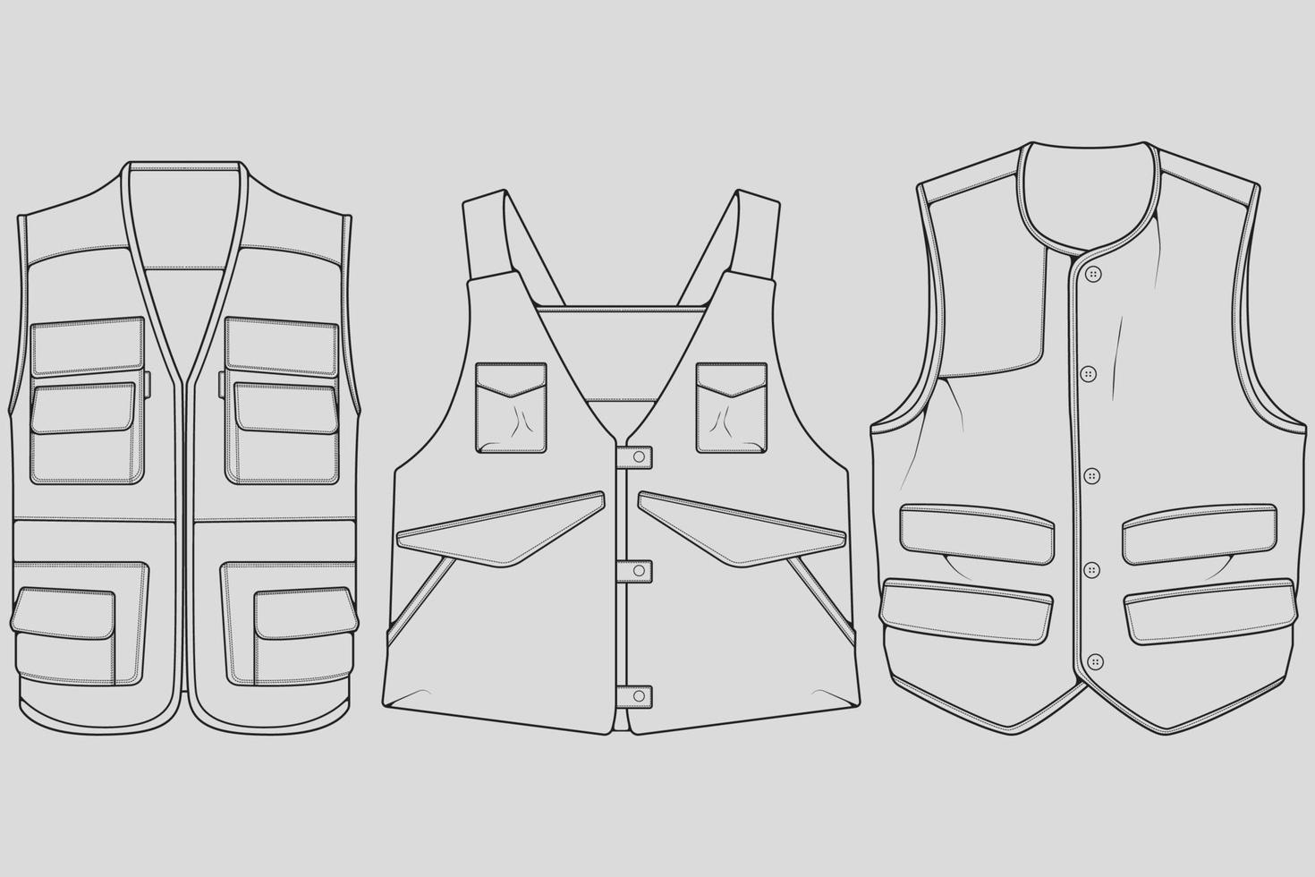 conjunto de vector de dibujo de contorno de bolsa de chaleco de pecho, bolso de chaleco de pecho en un estilo de boceto, contorno de plantilla de entrenadores, ilustración vectorial.