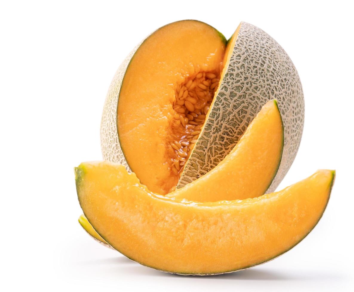 Beautiful tasty sliced juicy cantaloupe melon, muskmelon, rock melon isolated on white background, close up, clipping path, cut out. photo