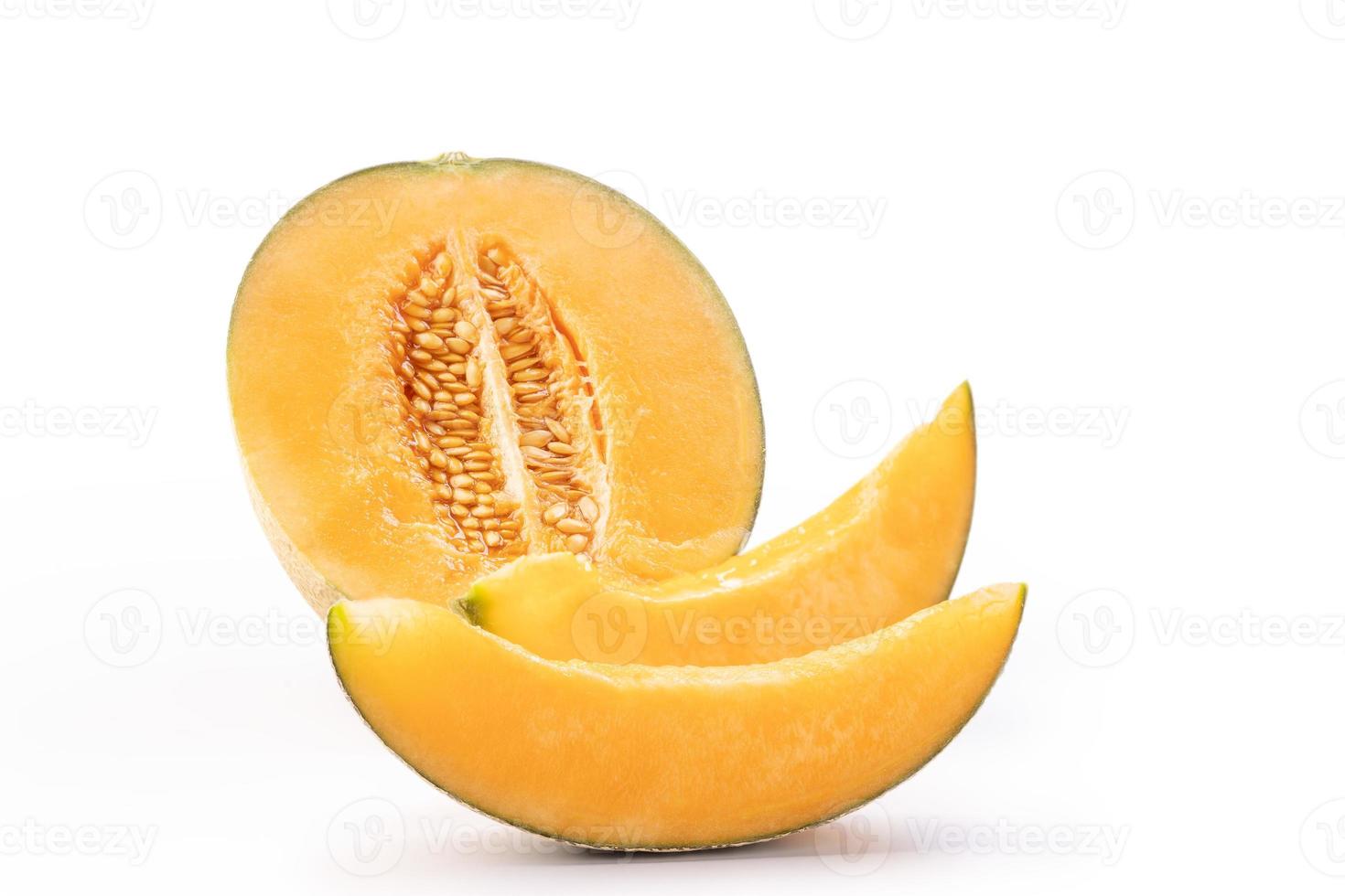 Beautiful tasty sliced juicy cantaloupe melon, muskmelon, rock melon isolated on white background, close up, clipping path, cut out. photo