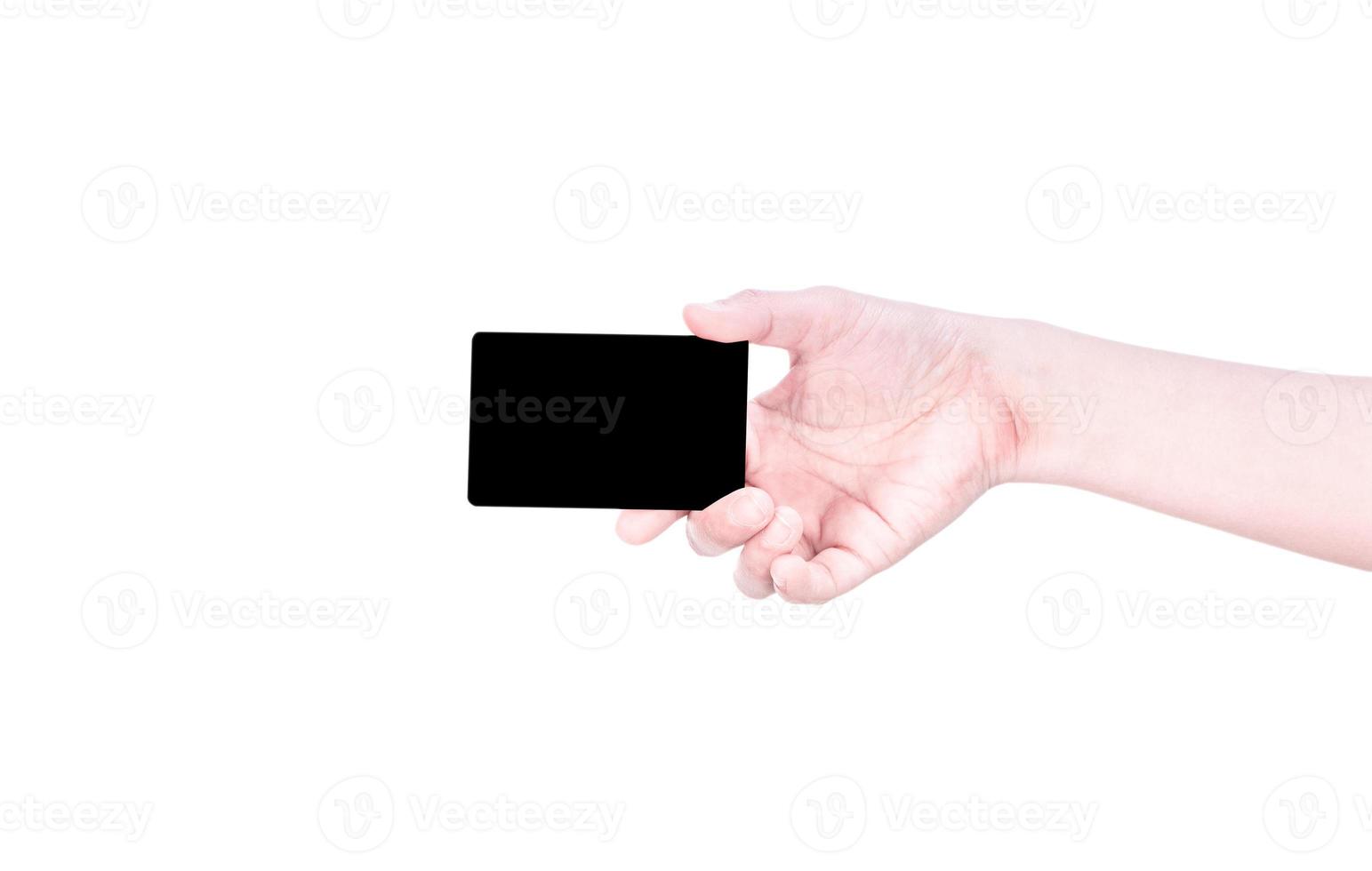 Young asia clean girl hand holding a blank kraft brown paper card template isolated on white background, clipping path, close up, mock up, cut out photo