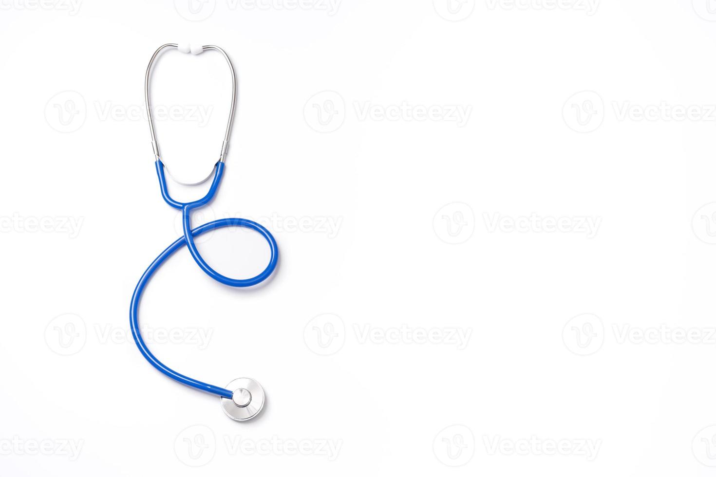 Blue stethoscope,object of doctor equipment,isolated on white background. Medical design concept,cut out,clipping path,top view,studio shot. photo