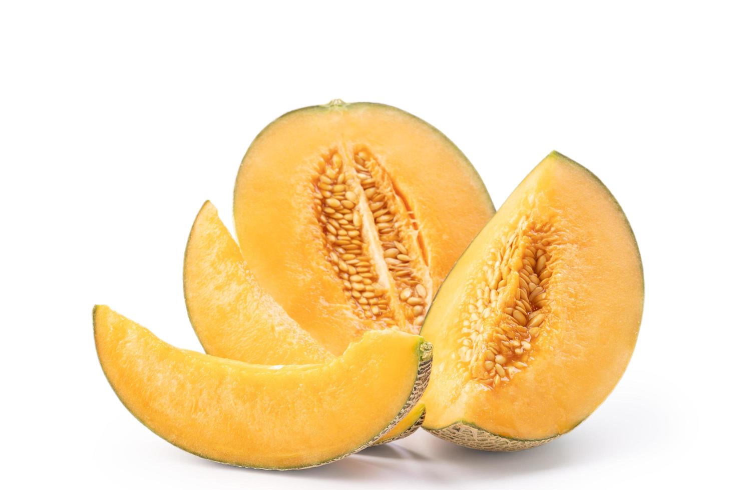 Beautiful tasty sliced juicy cantaloupe melon, muskmelon, rock melon isolated on white background, close up, clipping path, cut out. photo