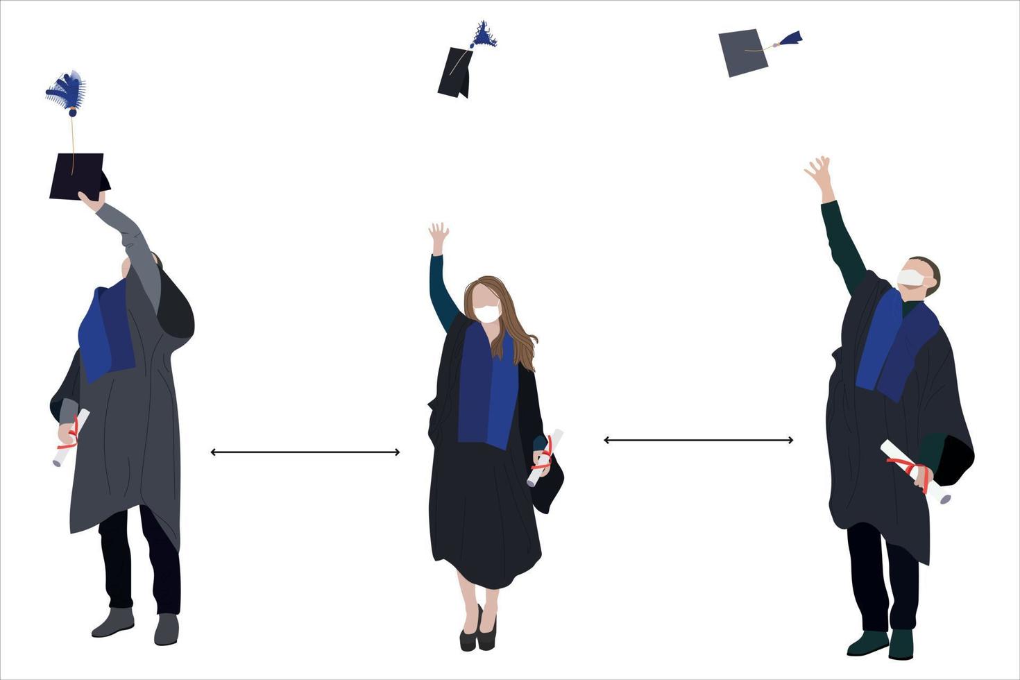Diverse university or college students in graduation robes and medical face masks keeping social distance vector