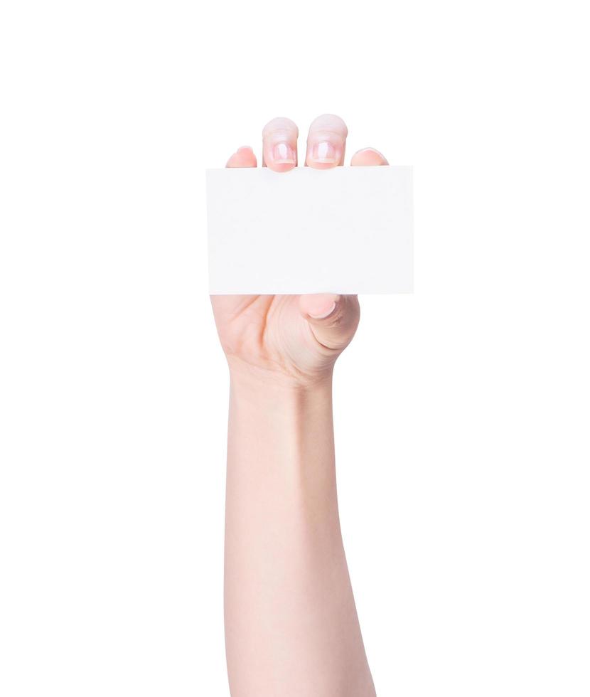 Young asia clean girl hand holding a blank kraft brown paper card template isolated on white background, clipping path, close up, mock up, cut out photo