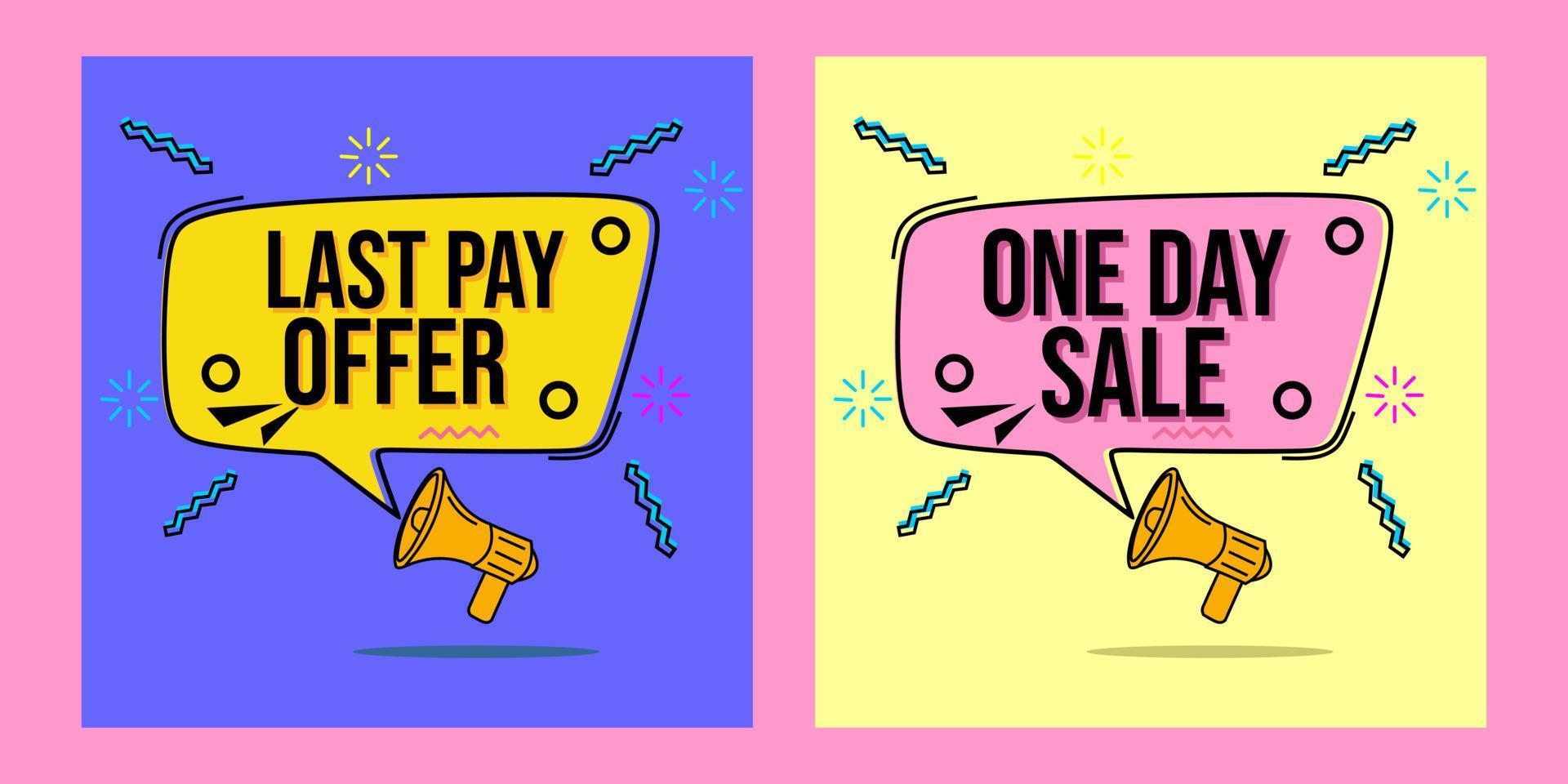 comic style last pay offer banner with loudspeaker icon. flat design on yellow background vector