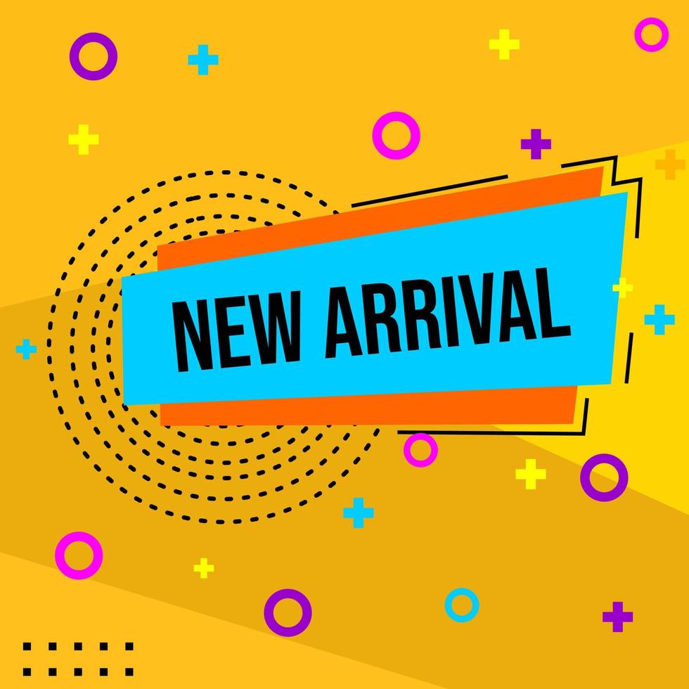 advertising badge in the form of a banner on a yellow background with the text new arrival and in memphis style vector