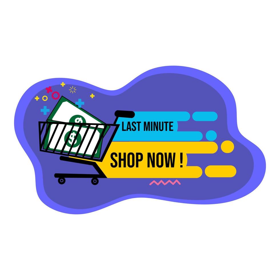 banner de oferta de última hora con icono de carrito de compras que trae dinero. insignia de publicidad de cuenta regresiva vector