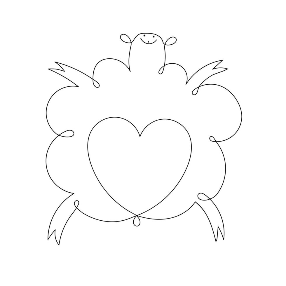Cute lamb with a heart on its belly vector linear illustration. Sheep in continuous line art drawing style.