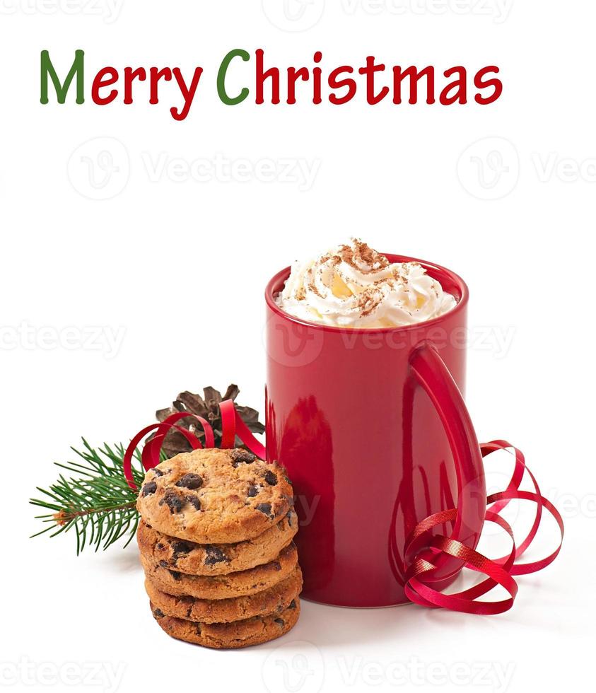 Christmas card with red coffee cup topped with whipped cream photo