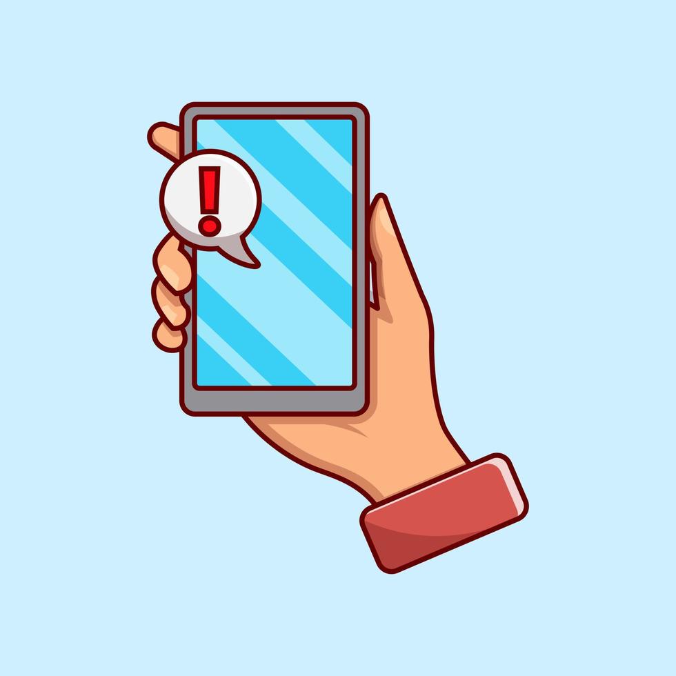 Illustration of hand holding cellphone with exclamation mark symbol vector