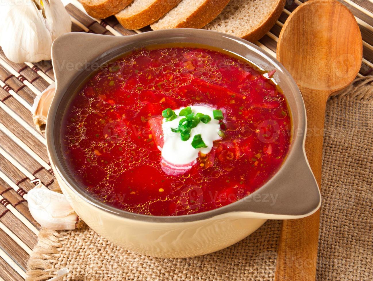 Ukrainian and russian national red soup-borsch closeup photo