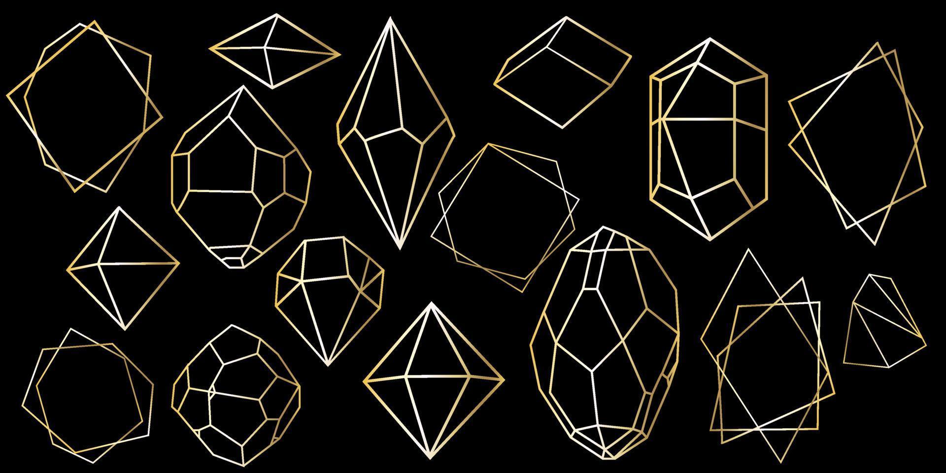 Vector set of golden luxury crystal diamonds shapes.Border Collection for Card.Geometric Premium Glitter Background, Polygon mosaic shape amethyst gem quartz stone line art style