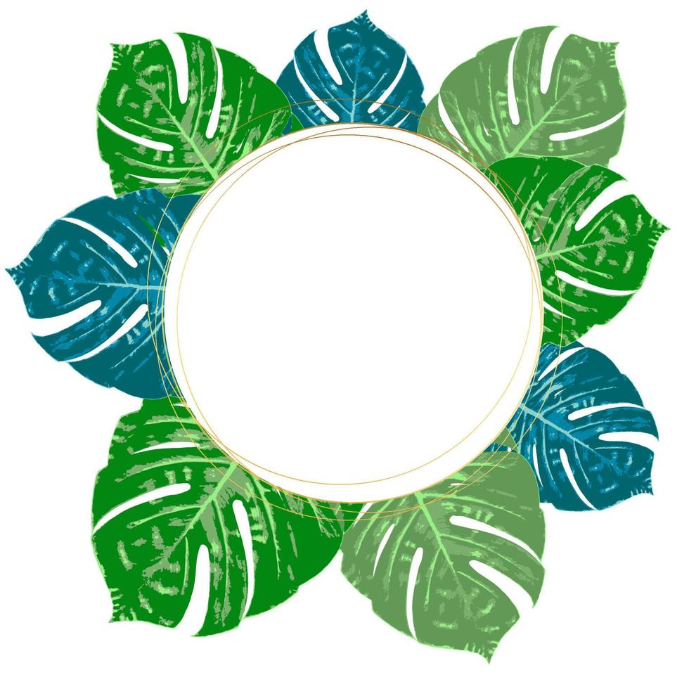 diseño de volante tropical verde de verano con flores tropicales y hojas de monstera. diseño de marco copie el espacio vector