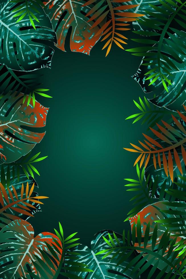 Summer green tropical flyer design with tropical flowers and monstera leaves. Frame design. Copy space vector