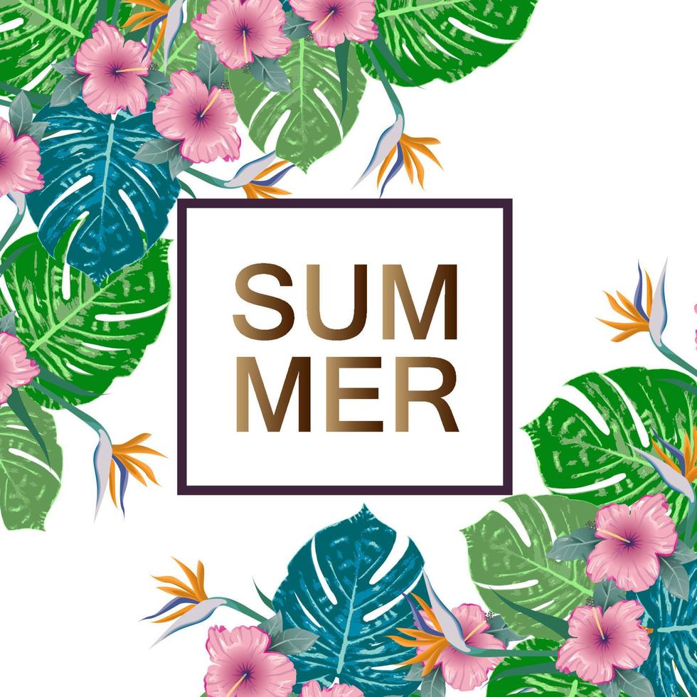 Summer green tropical flyer design with tropical flowers and monstera leaves. Frame design. Copy space vector