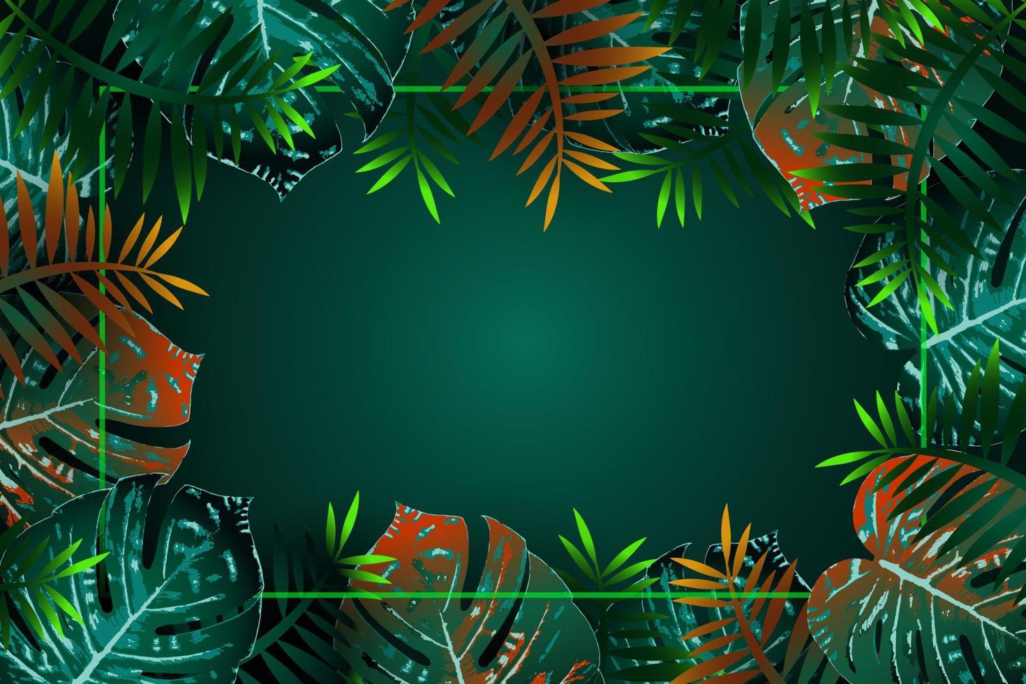 Summer green tropical flyer design with tropical flowers and monstera leaves. Frame design. Copy space vector