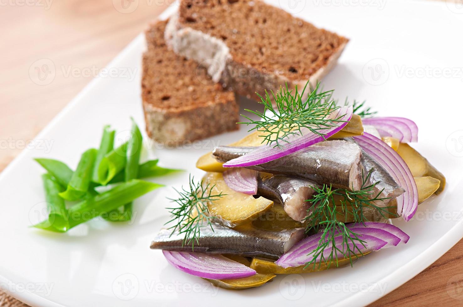herring salad with pickled cucumbers and onions photo