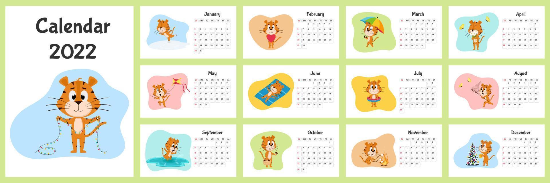 Horizontal Desktop Calendar Template 2022. Week starts on Sunday. Ready-to-print calendar with Chinese year symbol cartoon Tiger. A set of 12 pages and a cover. All months.Multi-colored background vector