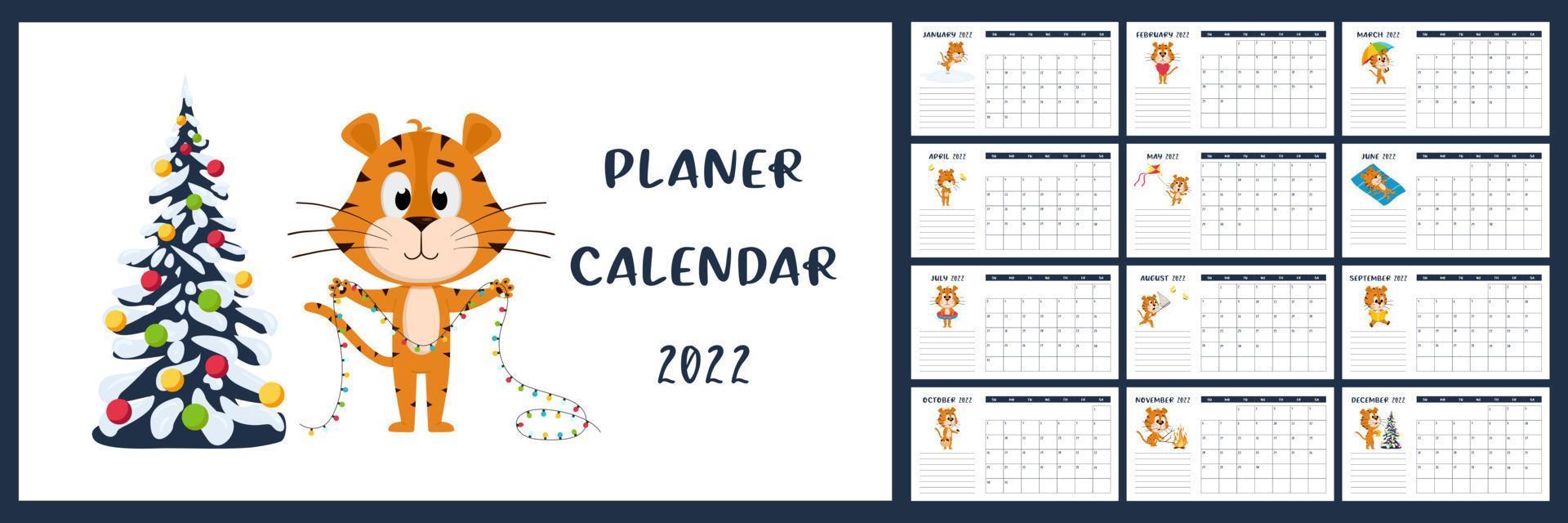 Horizontal Desktop Calendar Template 2022. Week starts on Sunday. Ready-to-print calendar with Chinese year symbol cartoon Tiger. A set of 12 pages and a cover. All months.white background vector