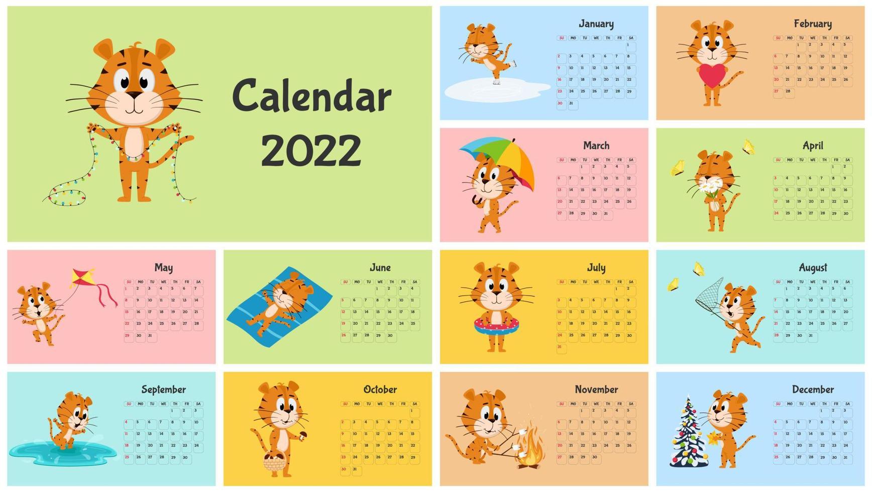 Horizontal Desktop Calendar Template 2022. Week starts on Sunday. Ready-to-print calendar with Chinese year symbol cartoon Tiger. A set of 12 pages and a cover. All months.Multi-colored background vector