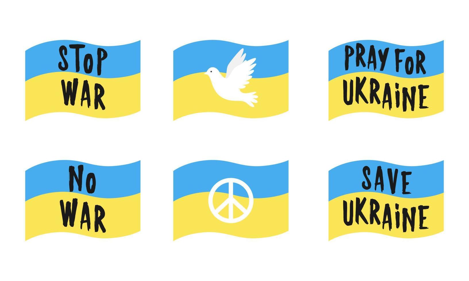 A set of Ukrainian flag with blue and yellow colors. With the words - Stop war, No war, Pray for Ukraine, Save Ukraine, dove and symbol of peace. Illustration in a flat style, isolated on a white. vector