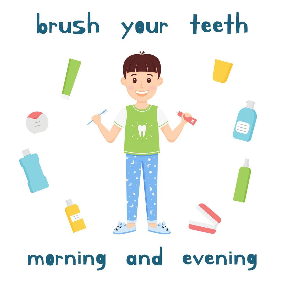 The boy is holding a Toothbrush and toothpaste. A cartoon character, cute child in pajamas and Slippers stands and smiles. Oral hygiene for kids. Health of teeth. Isolated vector illustration. flat