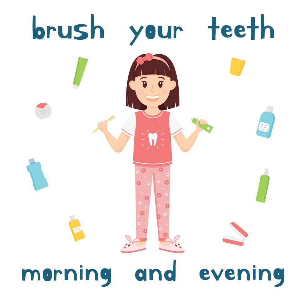 la niña sostiene un cepillo de dientes y pasta de dientes en sus manos. un personaje de dibujos animados, un niño lindo en pijama y zapatillas se pone de pie y sonríe. Higiene bucal para niños. salud de los dientes. ilustración vectorial aislada vector
