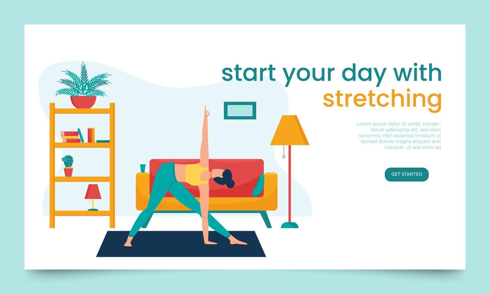 The girl does yoga in an apartment, in a home environment. Landing page template. The concept of yoga classes at home. The woman in a triangle position. Banner with a female cartoon character.Flat. vector