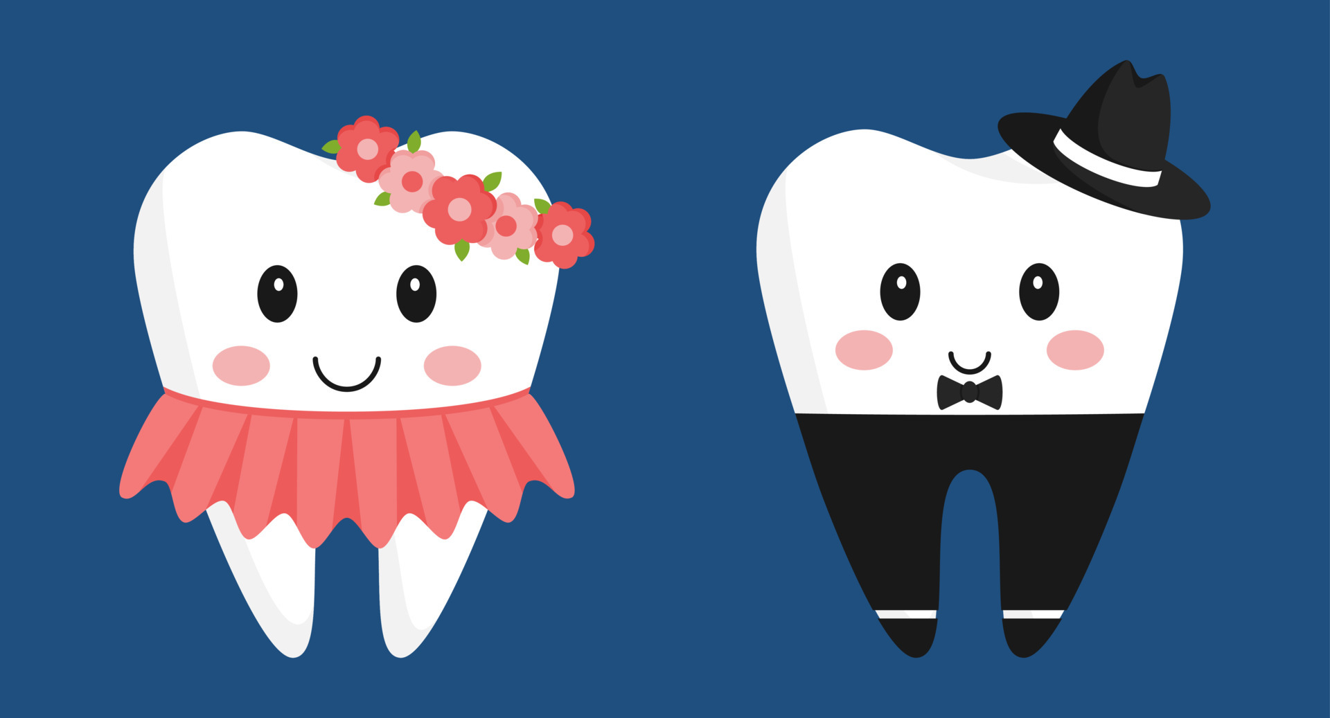 A pair of teeth characters. Cute girl in a dress and with a wrap, boy in trousers and hat. The design elements in funny cartoon dentistry. Healthy teeth. Isolated on dark. A pair of teeth characters. Cute girl in a dress and with a wrap, boy in trousers and hat. The design elements in funny cartoon dentistry. Healthy teeth. Isolated on dark.