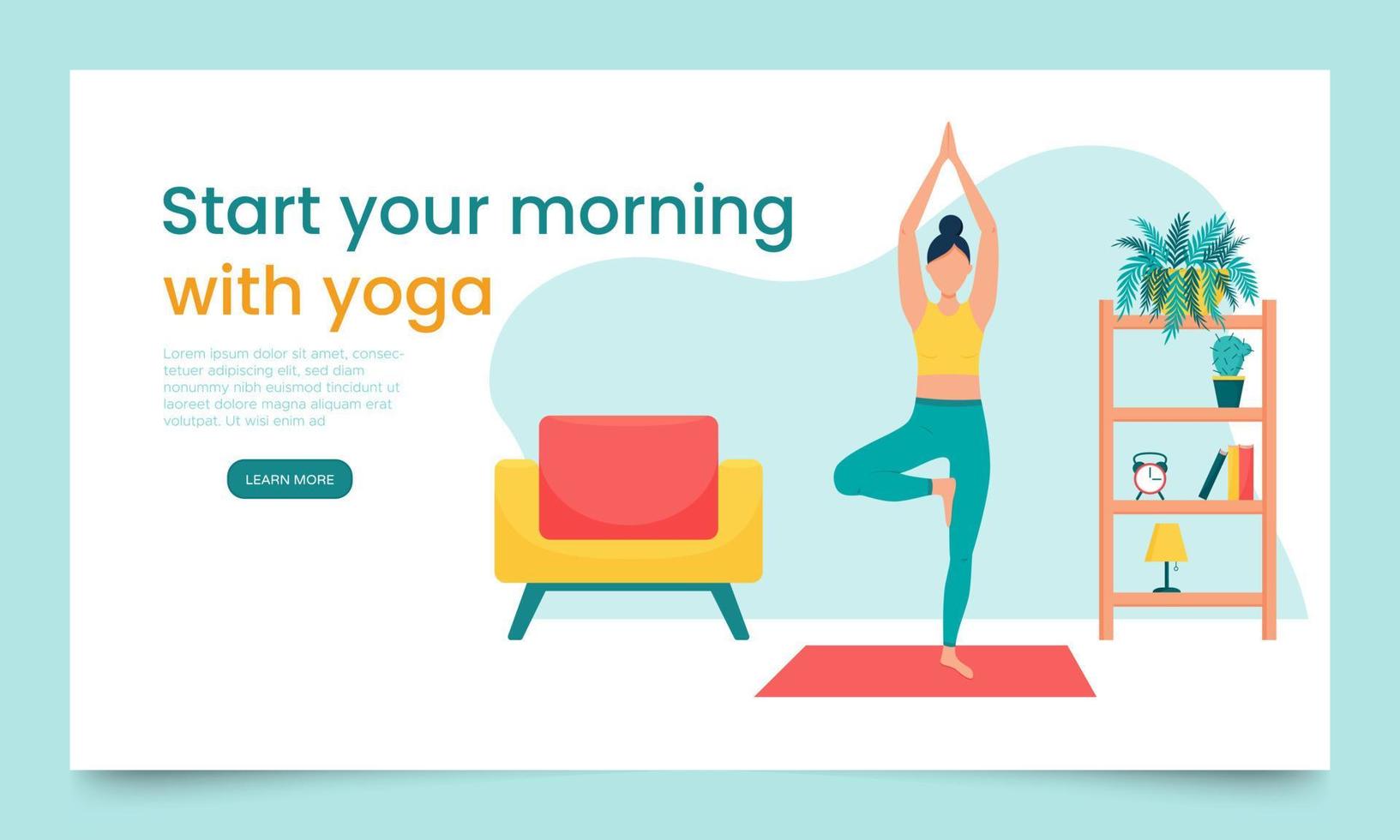 The girl does yoga in an apartment, in a home environment. Landing page template. The concept of yoga classes at home. Woman in the tree pose. Banner with a female cartoon character.Flat style vector