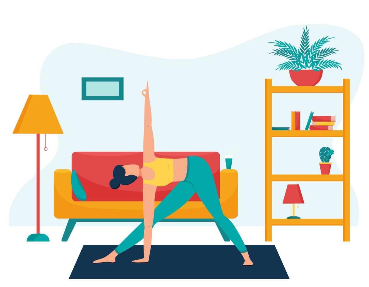 The girl practices yoga at home. The concept of yoga classes at home. Woman in the triangle pose. Practice of yoga.Healthy lifestyle. Female flat character in a living room with furniture vector