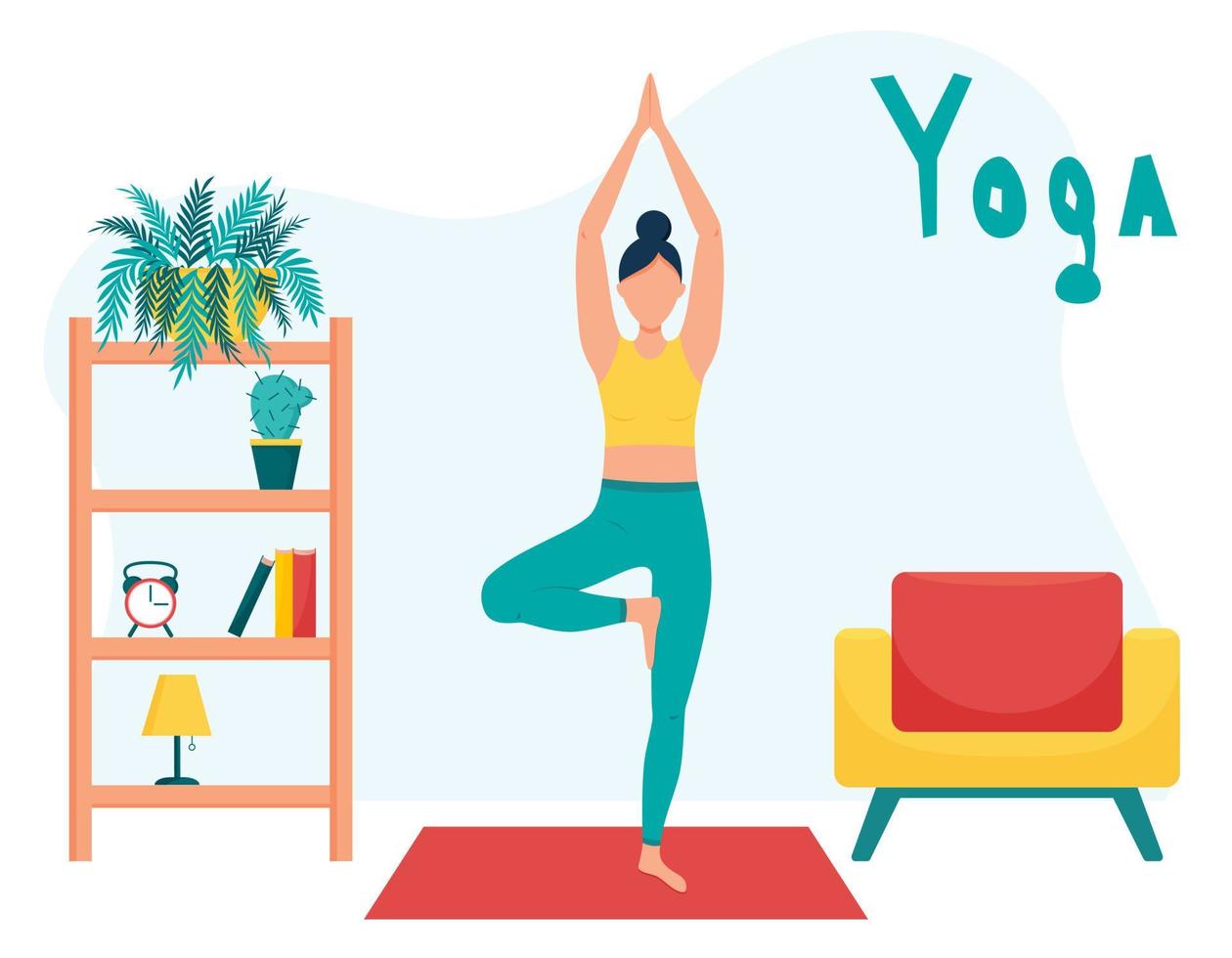 The girl practices yoga at home. The concept of yoga classes at home. Woman in the tree pose. Practice of yoga.Healthy lifestyle. Female cartoon character in a living room with furniture. flat style vector