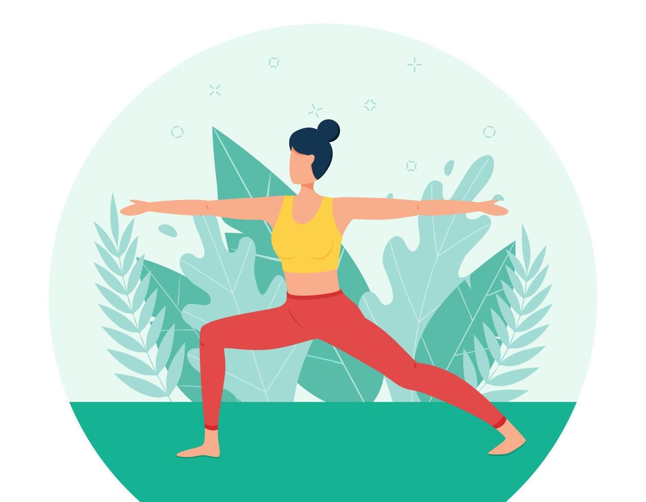 The girl does yoga in the fresh air. The concept of outdoor yoga.Yoga classes in nature. Flat style. Girl in the pose of a warrior. A female cartoon character on a background of foliage and plants vector