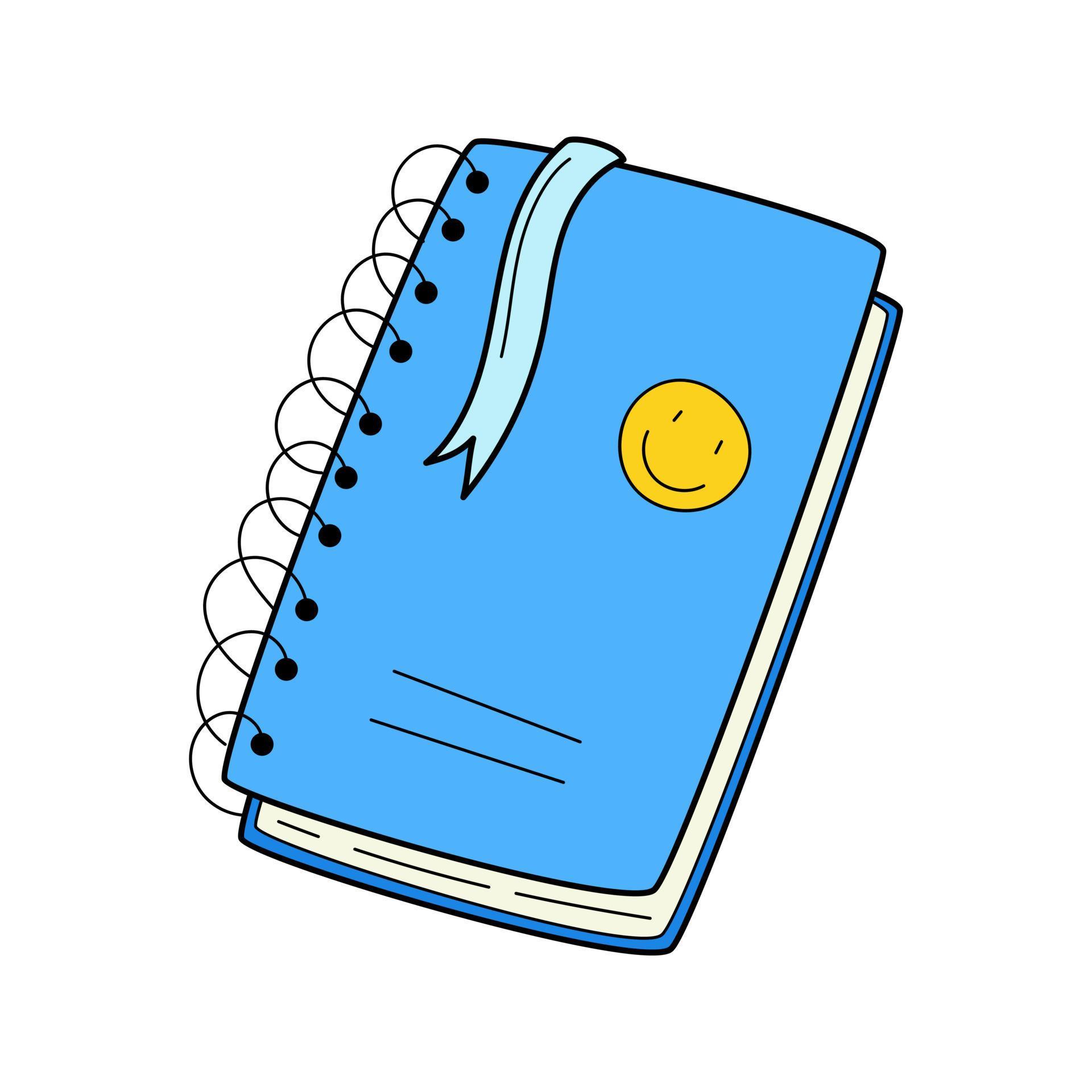 un lindo cuaderno con un resorte, pegatinas y un marcapáginas. estilo garabato. ilustración